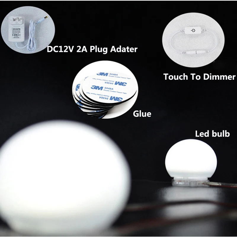 EU US Plug Makeup Mirror Hollywood Vanity LED Bulb Stepless Dimmable Touch Plug In Wall Lamps 10 Bulb DIY White Light Waterproof (19)