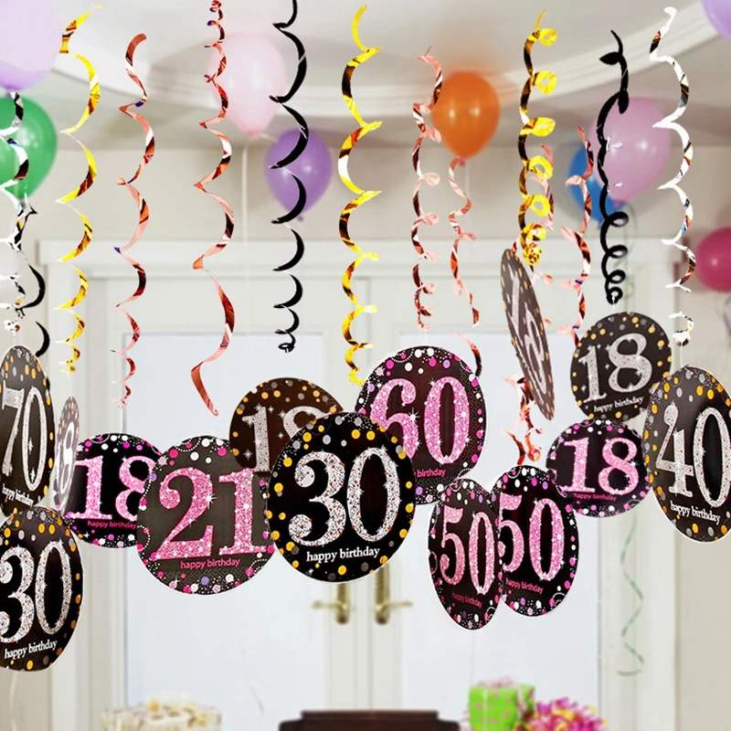 

18 21 30 40 50 60 70 th Years Pink Black Hanging Swirls Spiral Ornaments Happy Birthday Party Decorations Lady Adult Anniversary