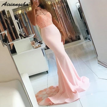 

18 Scoop-Neck Sleeveless Illusion Mermaid Gown Appliques Tulle Elegant Evening Dresses vestido de festa longo robe de soiree