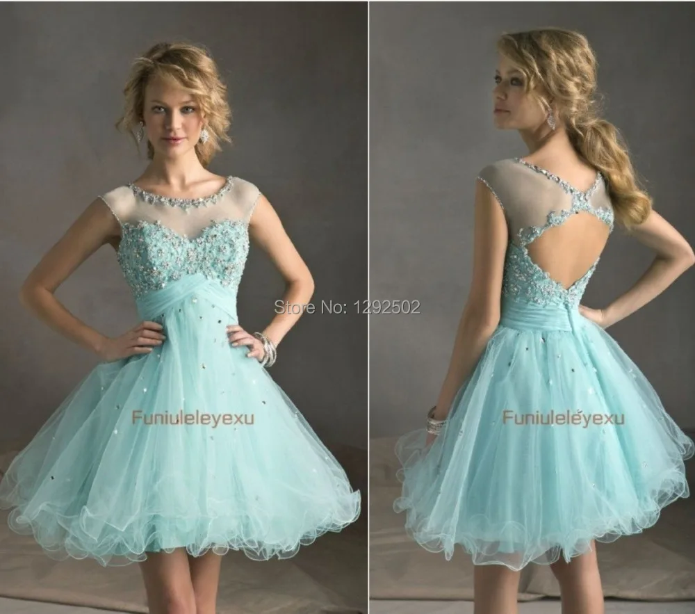 Stock 2014 Light Blue A Line Homecoming Dresses Beaded Short Mini