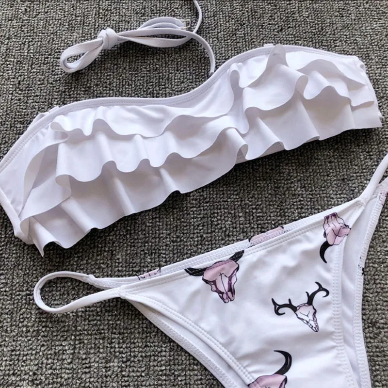 Pacento White Sexy Bikini Set Cute Bandeau Swimsuit Animal Style Flounce Swimwear Women 2018 Print Halter Bather Plavky