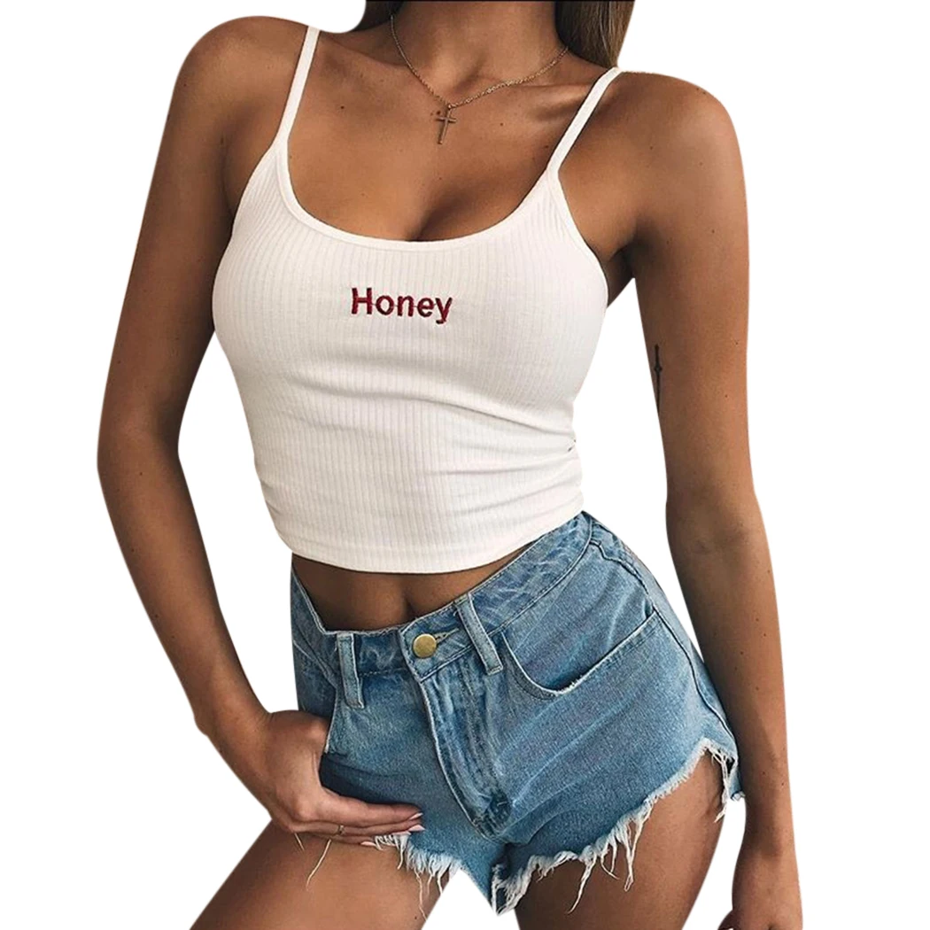 Sexy Women Crop Tops Honey Letter Embroidery Tank Top Camisole Ladies