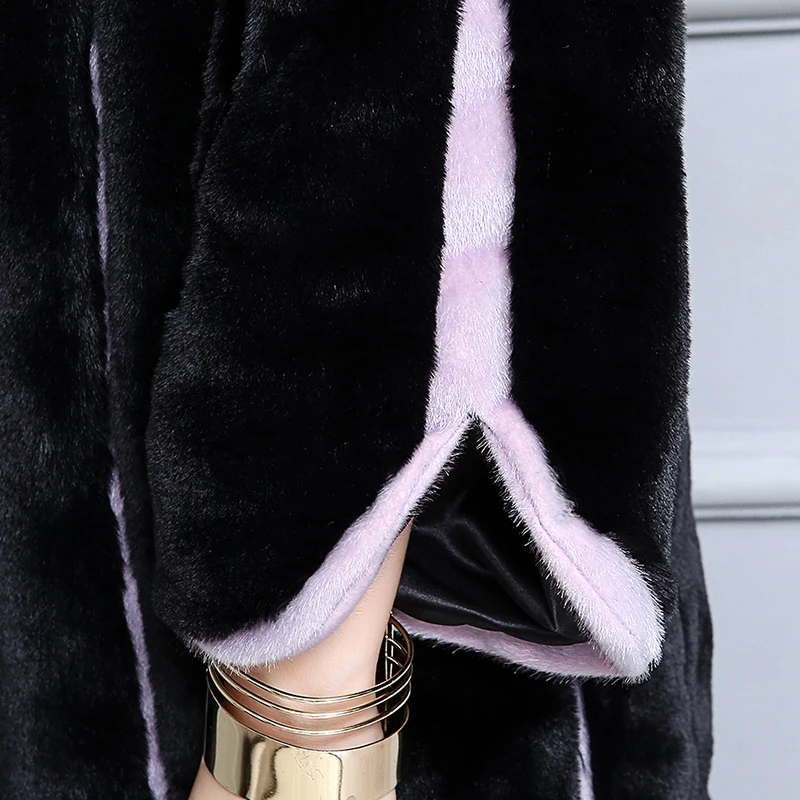 Nerazzurri 2018 New Women Faux Fur Coat Long Black and Purple Contrast Color Striped Patchwork Loose Overcoat Plus Size 5XL 6XL