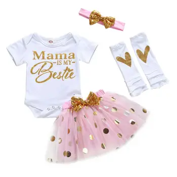 

Mother's Day Baby Girl Clothing Set Newborn Cotton bodysuits+Pink Tutu Skirt+Leg warmers+headband 4pcs/Sets Infant Clothes Cake