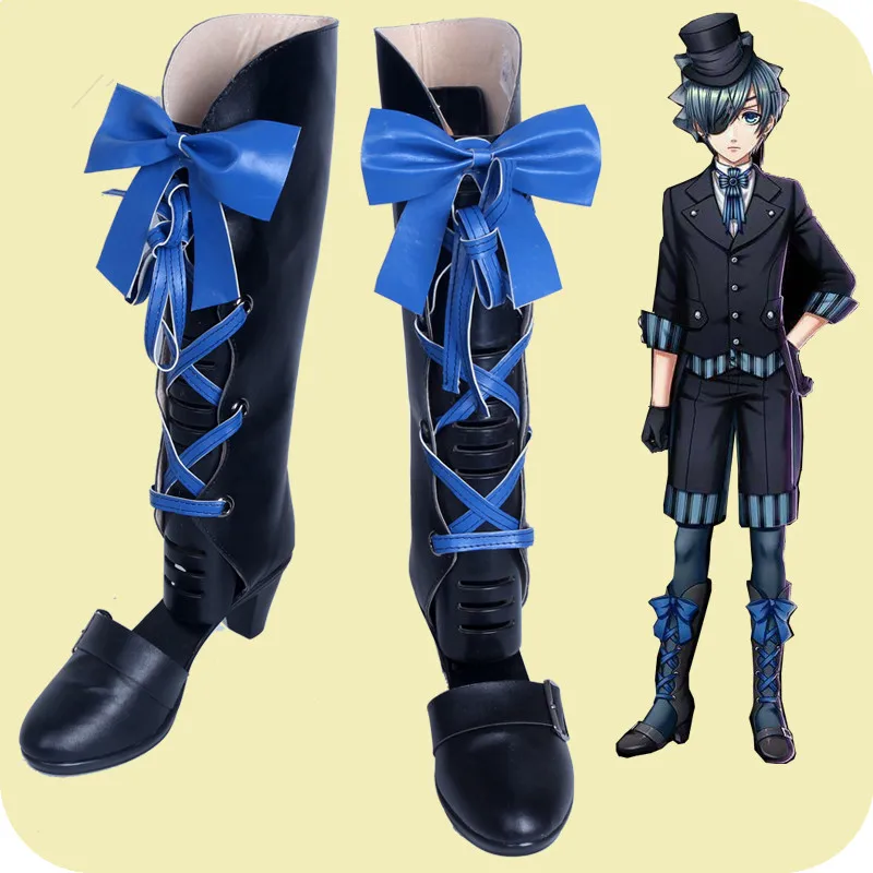 

New Anime Black Butler Kuroshitsuji Ciel Phantomhive Cosplay Boots w/Blue Bowknot Cosplay Shoes for Women/Men Size 35-42