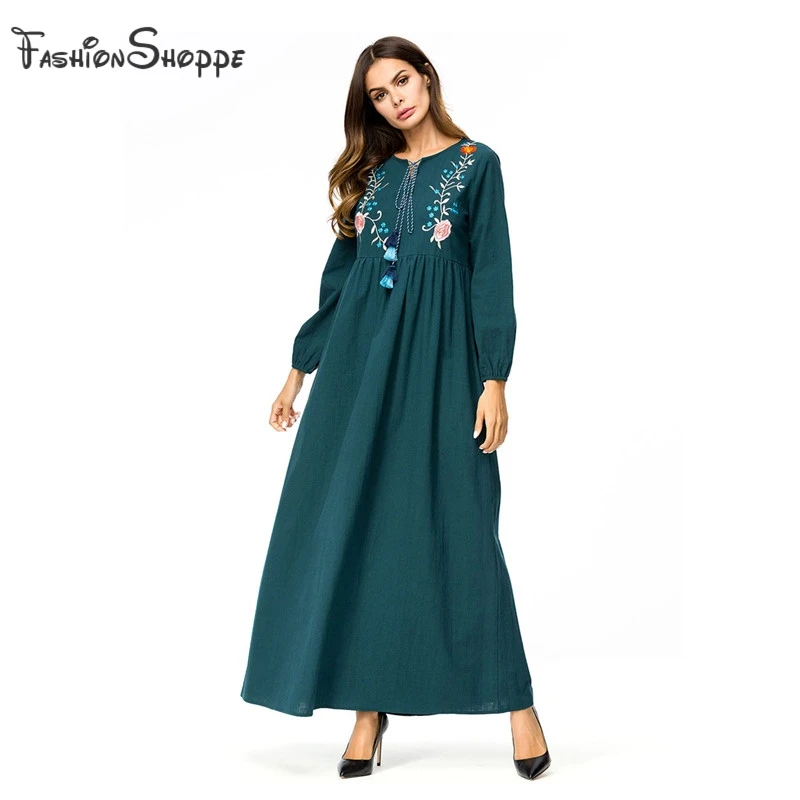 Элегантная мусульманская женская цветочная вышивка макси платье abaya