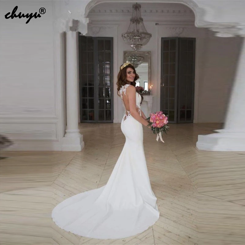 

Muslim Wedding Dress Simple Deep-V Mermaid Lace Illusion robe de mariee Boho Dubai Arabic Wedding Gown Bridal Dress