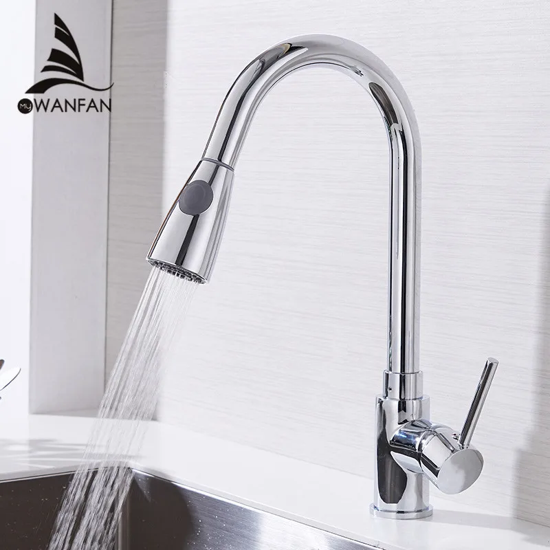  Kitchen Faucets Silver Single Handle Pull Out Kitchen Tap Single Hole Handle Swivel 360 Degree Wate - 1726154306