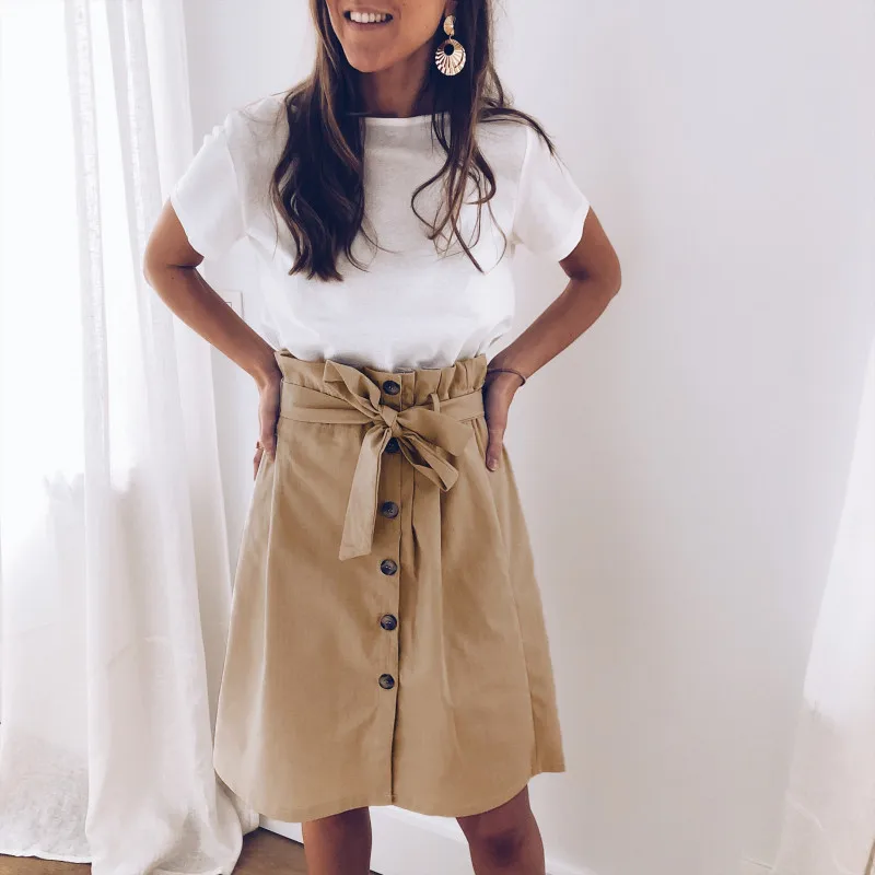 

Buttton-up Skirt Bandage Design Button Decor Summer Knee-Length Skirt Women Summer Casual Comfortable Skirt