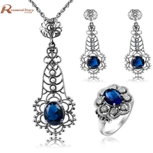Модный квадратный дизайнерский Шарм Синий циркониевый камень кристалл винтажный однотонный 925 серебро набор свадебные аксессуары комплект ювелирных изделий для невесты