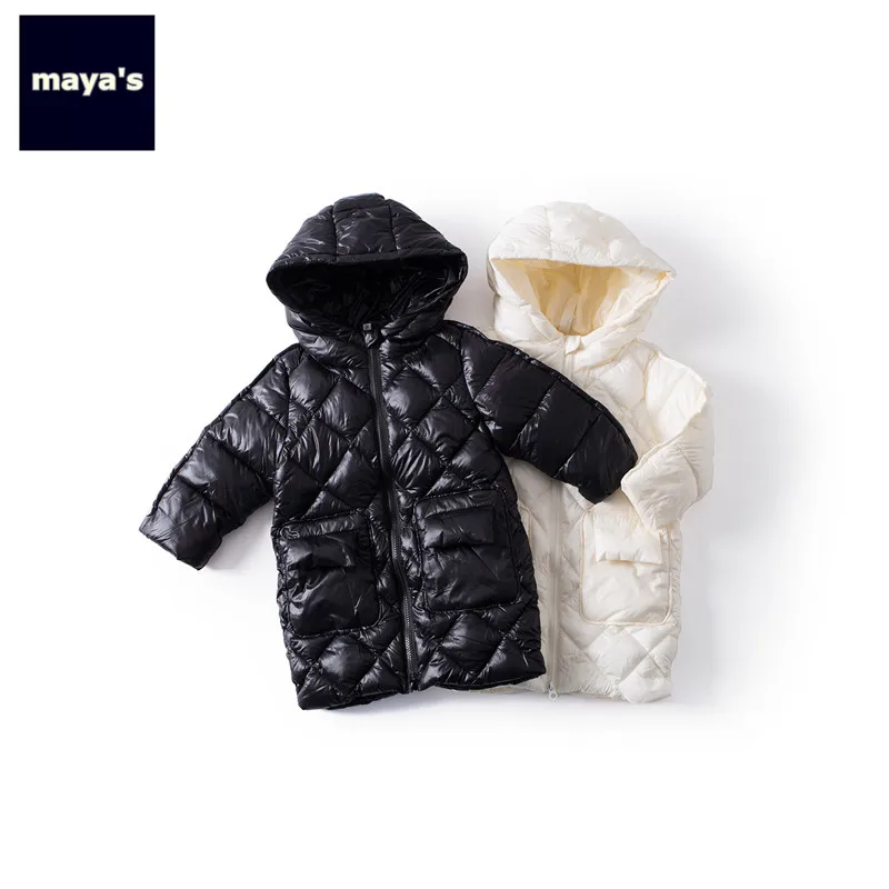 Mayas/белые зимние теплые длинные детские парки новые модные куртки с длинными