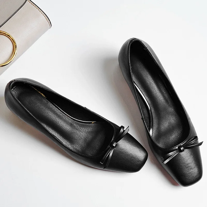 

2018 spring and autumn new butterfly-knot mid-heel 5cm high pumps shallow mouth square toe shoes women's genuine leather shoes