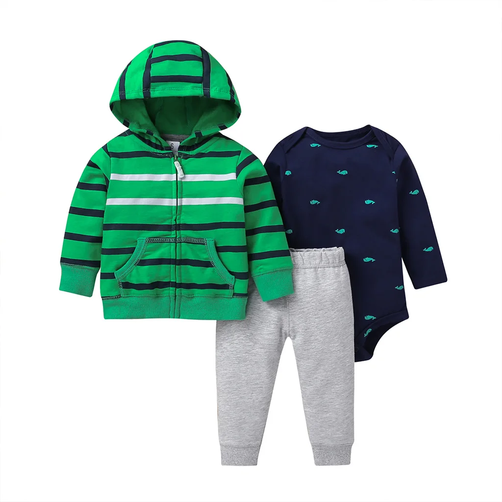 baby boy stripe outfit 2019 new born clothes set autumn long sleeve hooded coat+romper+pants gray fashion infant clothing cotton