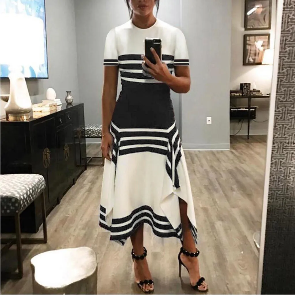 Women Party Summer Long Maxi Dress Women Round Neck Vestido Midi dresses Stripe Sleeve Elegant Dresses Woman Party Night Vestido