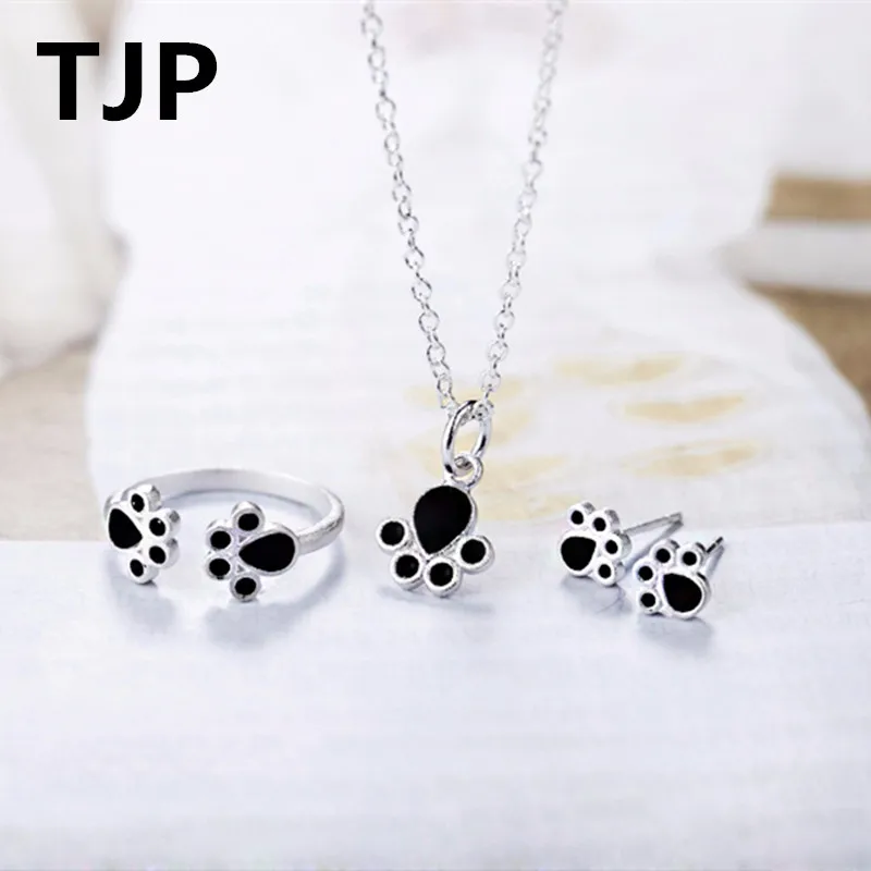 

TJP Fashion 925 Sterling Silver Women Engagement Party Sets Lovely Cat Claw Girl Adjustable Ring Cute Animal Design Necklace