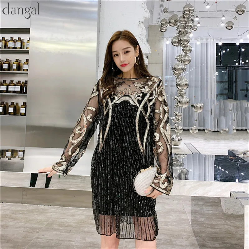 

Dangal Dress Sequin Luxury Women Dress Hip Hop Bling Heavy Beading Dress Women Street Knee-Length See-though Dresses For Party