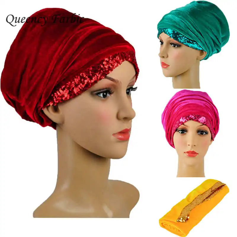 

Wholesale African velvet turban sequins Multi-colored women scraf turban Width 72"*22" one pieces per pack high quality headwrap