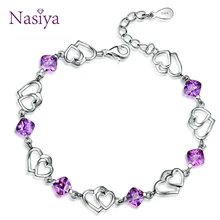 Элегантный браслет для женщин, ювелирное изделие, 925 пробы, серебро, натуральный Фиолетовый аметист, двойная любовь, сердце к сердцу, милая модная цепочка