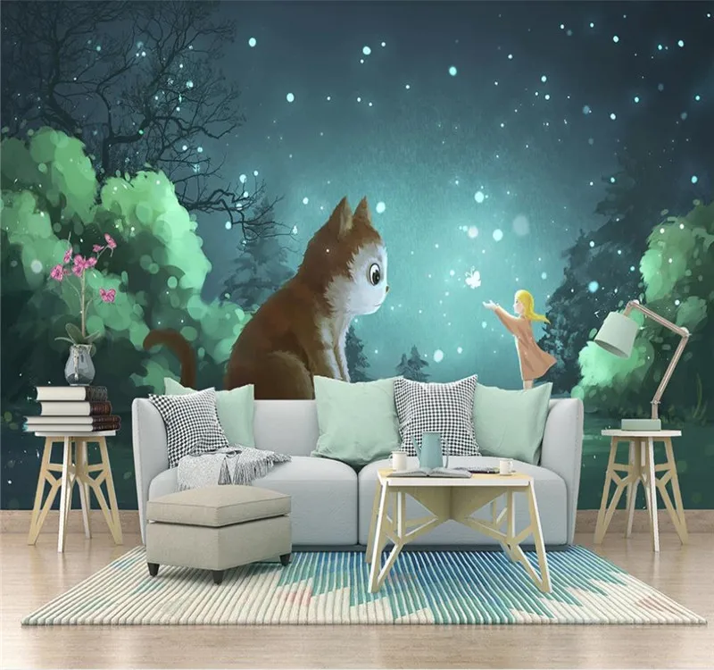 Custom wallpaper mural Nordic simple cartoon kitten flower children's room background wall decoration waterproof material Custom wallpaper mural Nordic simple cartoon kitten flower children's room background wall decoration waterproof material