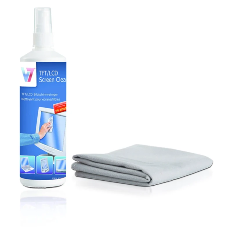 V7 Spray de limpieza de Liquido y panos secos/humedos para limpieza de equipos de LCD/TFT/Plasma de 250 ml