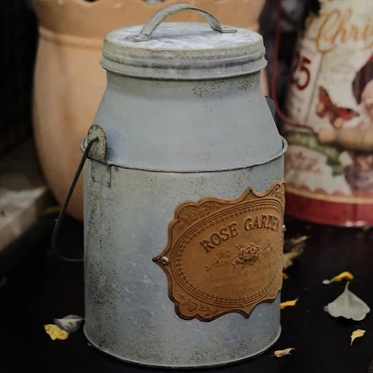 Antique Galvanized Metal Milk Pail Flower Vase with Lid Country Primitive