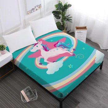 

Colorful Rainbow Bed Sheet Cute Cartoon Unicorn Print Fitted Sheets Girls Sweet Mattress Cover Elastic Band D30