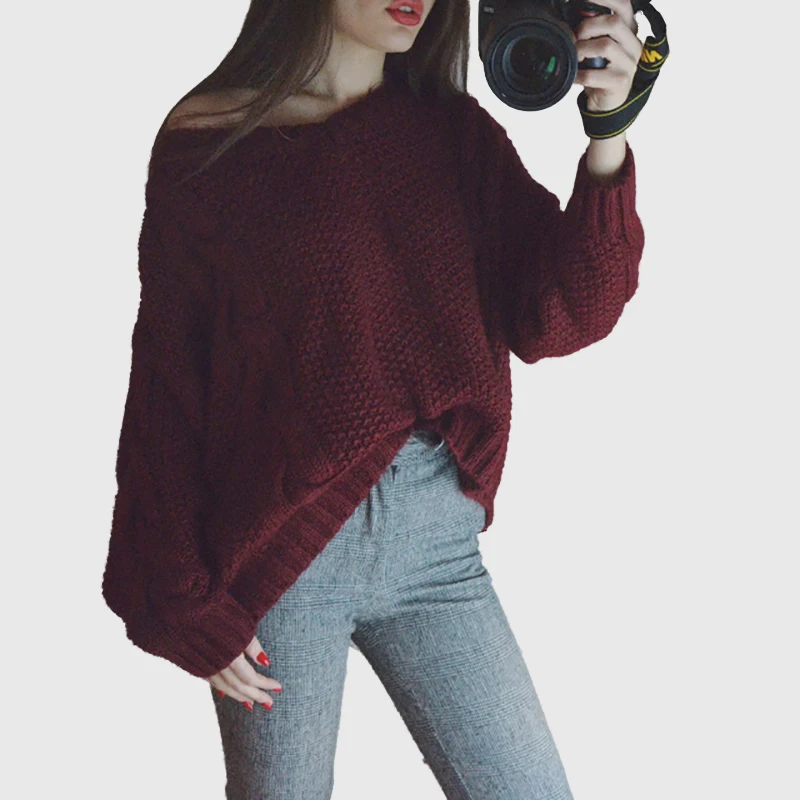 

Cable Knit Sweater Women Wide V Neck Jumper Pullover Sweaters