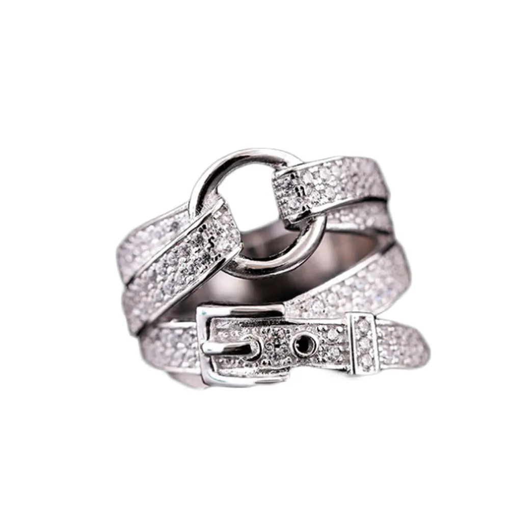 

Silver Plate Zirconium drill Belt Buckle Crystal Ring Wedding Brand Ring Jewelry Christmas Gift Women Jewelry Finger Rings