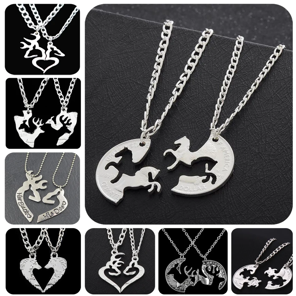 

2PCs Animal Puzzle Horse Deer Heart Charm Pendant Necklace Best Friends Friendship Gifts BFF Chain Necklaces Women Men