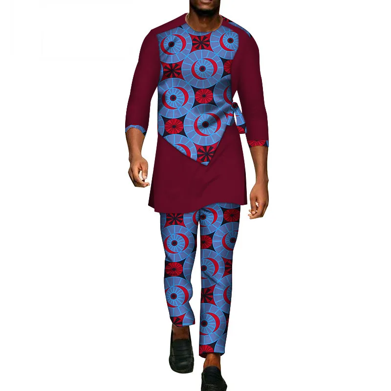 Официальная Мужская одежда для вечеринки в африканском стиле, Дашики, рубашка с длинным рукавом и штаны, набор, брюки с принтом, Лоскутная хлопковая одежда WYN94