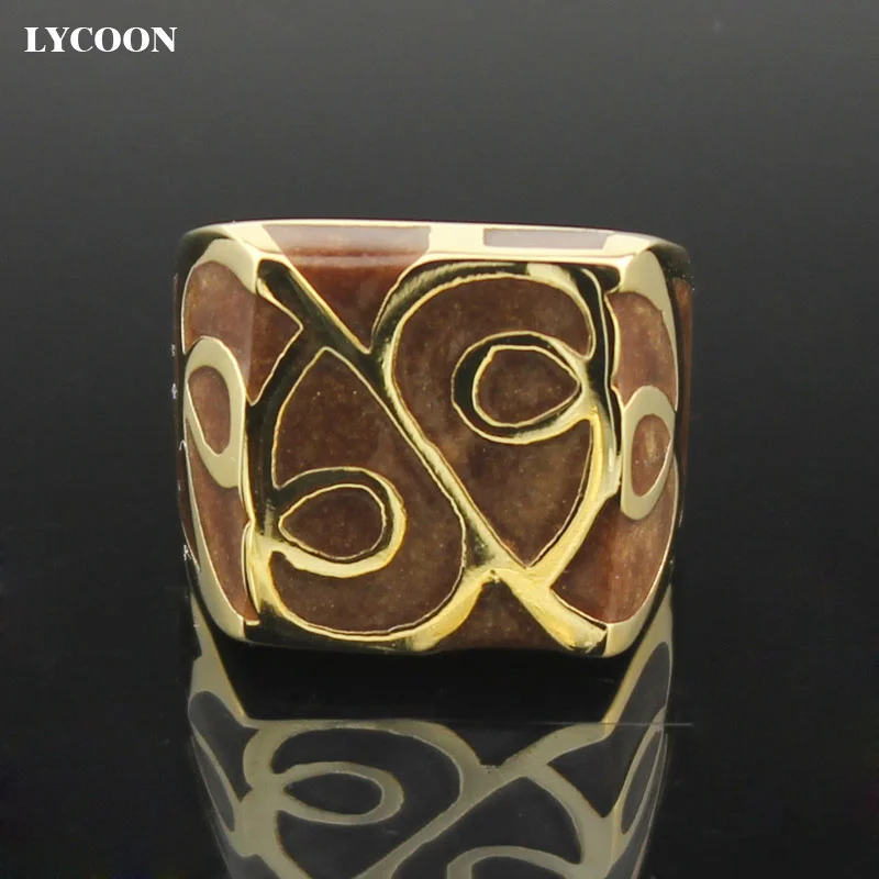 LYCOON, горячая Распродажа, мужское или женское квадратное кольцо, 316L, нержавеющая сталь, золото, с коричневой смолой, импортные эмалевые вечерние кольца, SUK0055