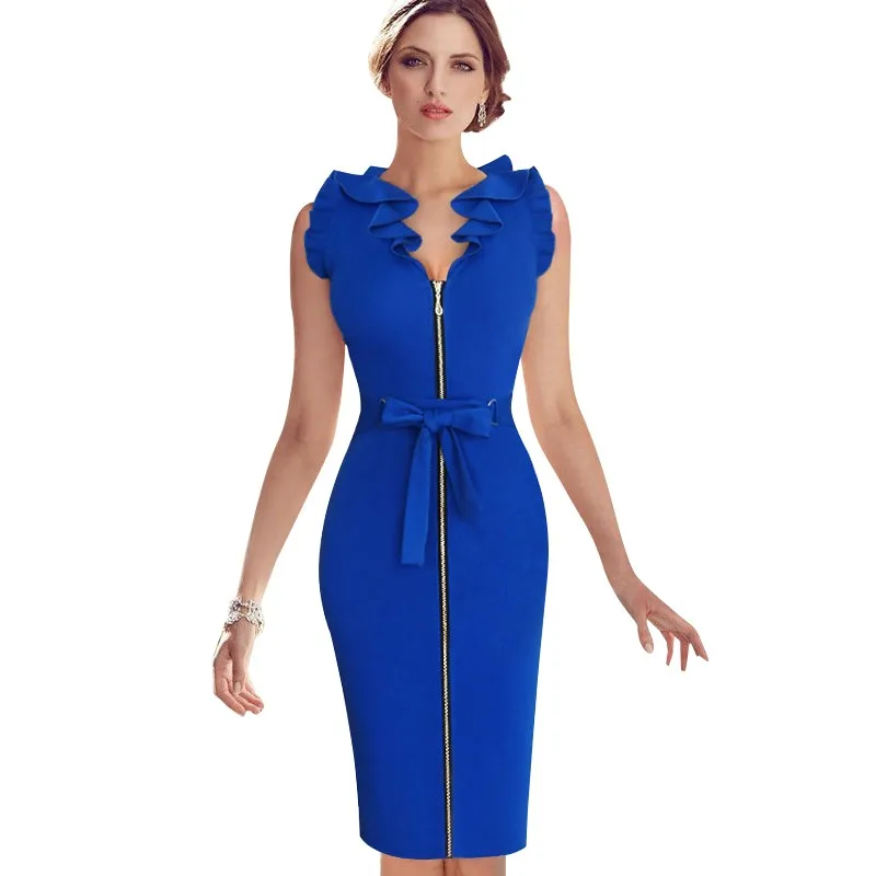 New-Womens-Blue-Frill-Flounced-Belted-Bow-Zipper-Front-Wear-to-Work-Sheath-Pencil-Fitted-Dress