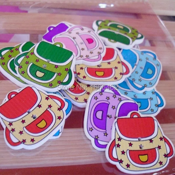 

2015 New 100PCs MIXED Colors Lovely School bag Shape Two Hole Wooden Buttons 32mm x28mm