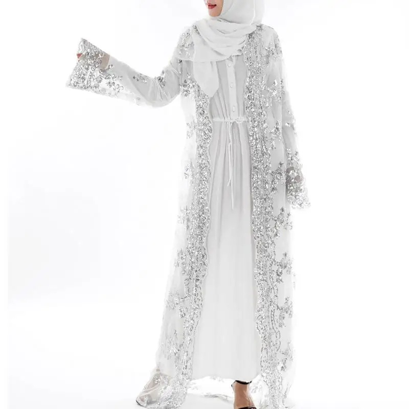 Абайя Дубай роскошные высокого класса с блестками мусульманское платье вышивка кружева Рамадан кафтан ислам кимоно для женщин турецкий ИД Мубарак - Цвет: Белый