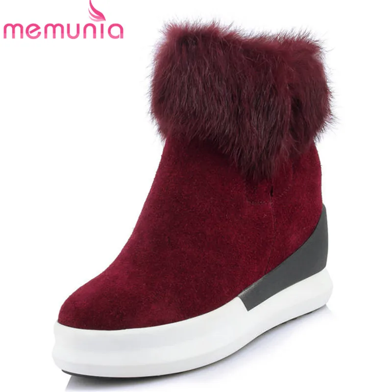 

MEMUNIA 2019 top quality suede leather ankle boots women round toe zip warm winter snow boots comfortable platform wedges shoes