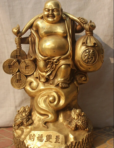 

JP S61 17" Chinese Feng Shui Money Wealth Happy Laugh Maitreya Buddha & Spittor Statue