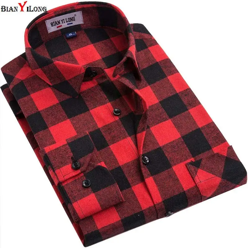 

BIANYILONG Brand Men Plaid Shirts 2019 New High-quality Long Sleeved Fashion Leisure Flannel Men Shirt Plus Big Size 5XL