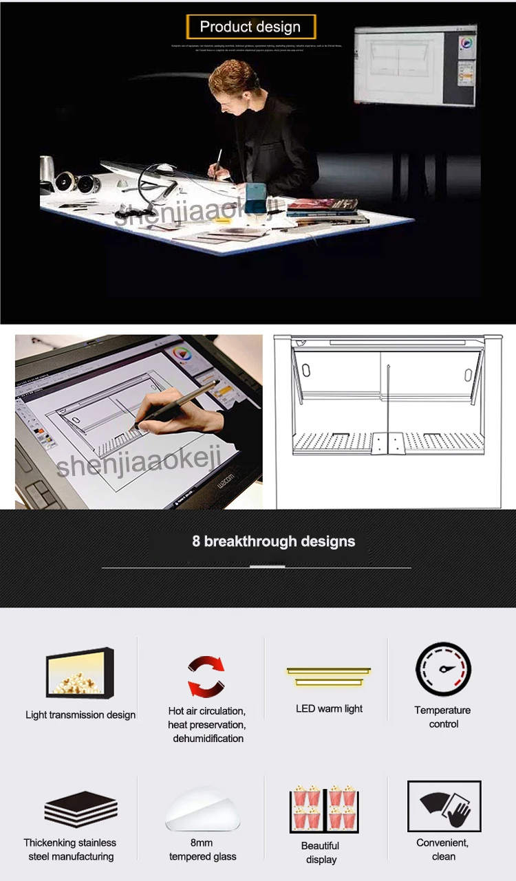 Попкорн изолированный шкаф Отопление дисплей шкаф коммерческий гладкий, нержавеющая сталь крышка подогреватель попкорна стеклянный шкаф-витрина