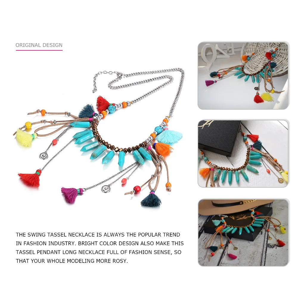 eManco Hot Now Bohemia Colorful Tassel Geometric Chain Necklace & Pendant Women Crystal Imitation Stone Resin Rope Jewelry