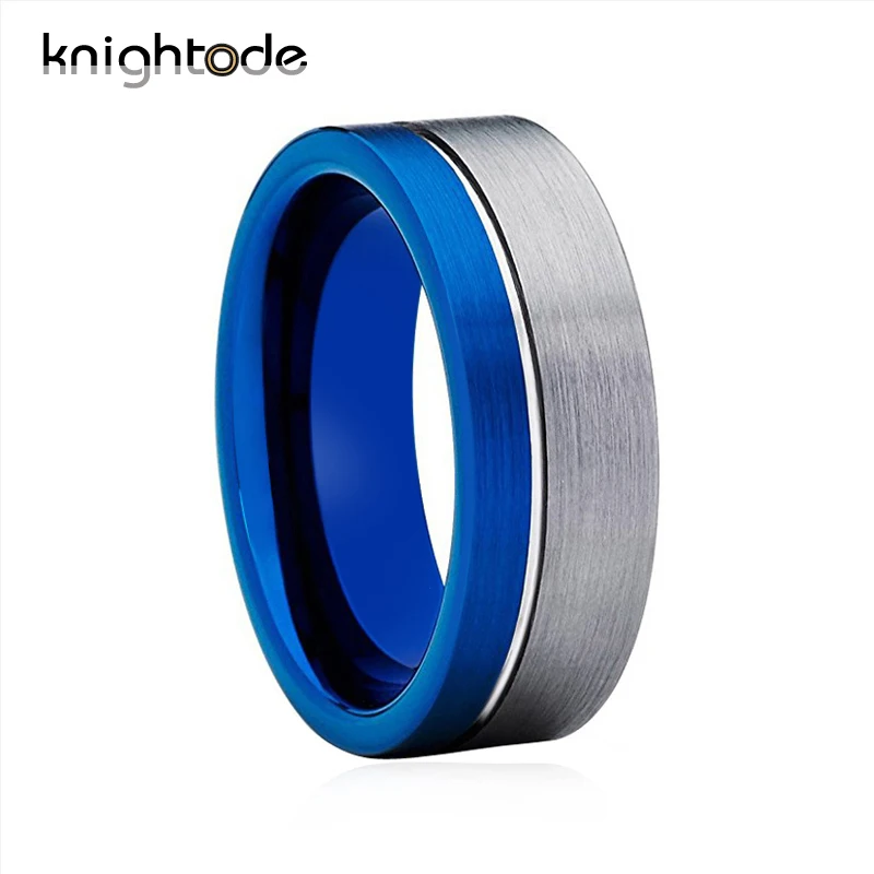 

8mm Blue Tungsten Wedding Bands Men Women Anniversary Ring Comfort Fit Brushed Finish Offset Line Flat Band