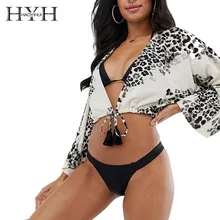 HYH Haoyihui 2019 Hot Summer Sexy Lady Pattern Print Deep V-neck Blouse Beach Style Loose Flare Sleeve Short Lace Up Coat blue lace up design grid pattern blouse