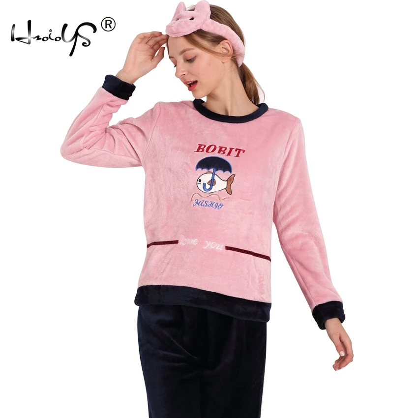 

Autumn And Winter Thickening Flannel Pajama Sets Sleepwear Female Cartoon Pajamas Lounge Coral Fleece Pyjama Pullover Nightwear