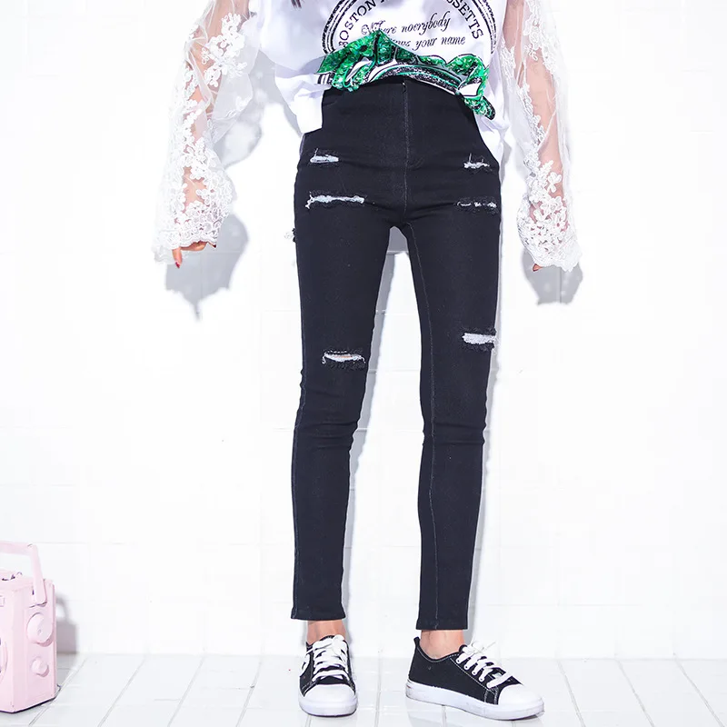 Negro longitud Agujeros Mujer Moda De Silm Harajuku Salvaje Pantalones Primavera Vaqueros Lápiz Tobillo Elasticidad Otoño x6qSCxwvA