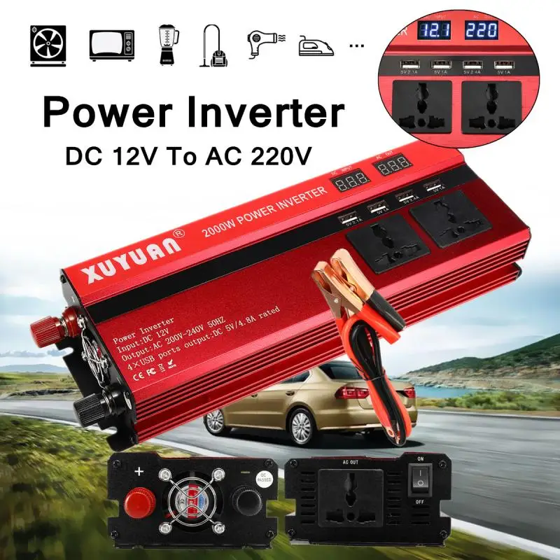 

LED Display Power Inverter 2000W DC 12V to AC 220V LED 4UBS 2 AC Outlets Converter Protective Circuit Ultra Compact Design