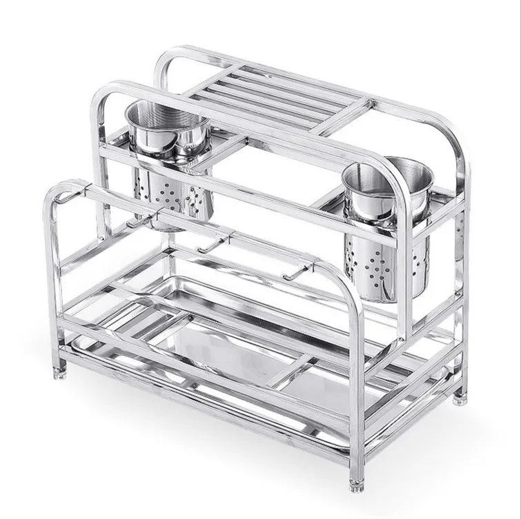 Kitchen Storage Rack Stainless Steel Organizer Shelf Condiment Knife Chopping Board Holder Dual Layer Holder