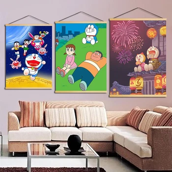 

Nordic Style Printed Canvas Simple Anime Doraemon Poster Home Decor Modern Wall Artwork Picture Wooden Scroll Hanging Painting