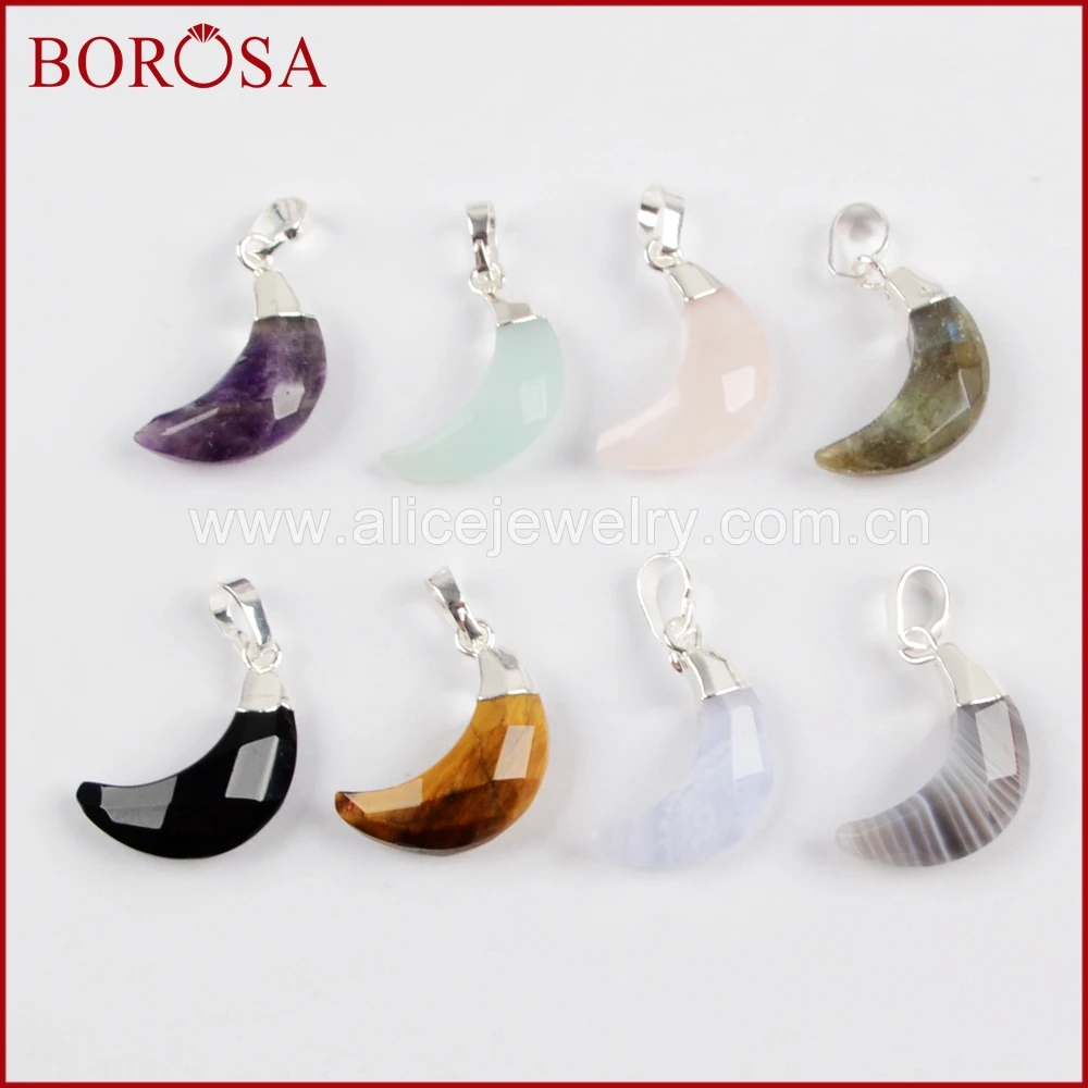 BOROSA Design 10Pcs Crescent shape Multi-kind Stone Facted Slilver color Druzy Pendant For Women's Necklace Making Jewelry WX905 |