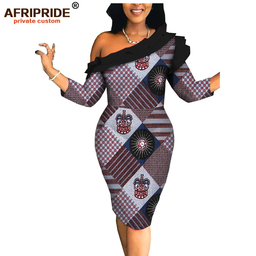 

2019 african party dress for women AFRIPRIDE tailor made bazin richi one shoulder knee length casual women cotton dress A1925005