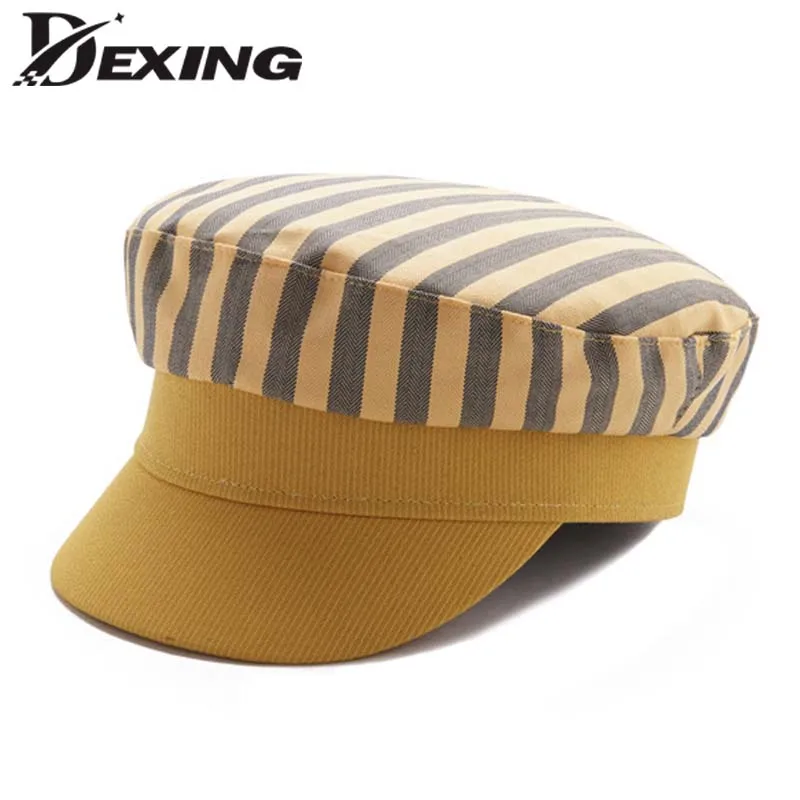 

Fashion stripe nautial cotton Military Hat spring summer Sailor Hat For Women Men flat top Captain Cap cadet hat nautial