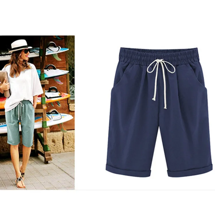 

2019 Women's High Waist Knee Length Shorts Capris Plus Size 6Xl Summer Beach Trousers Spring Casual Loose Women Clothes